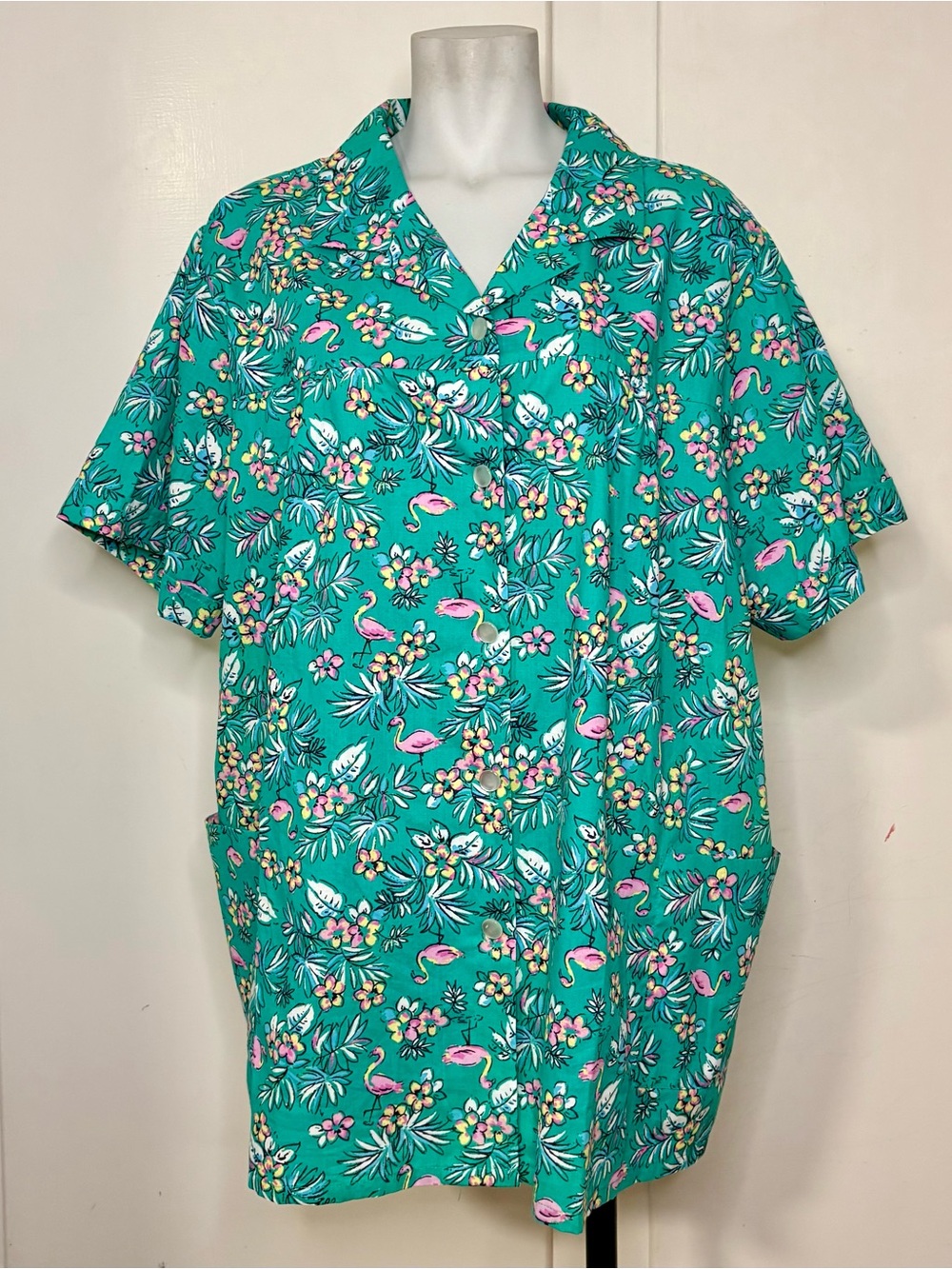 Y2K Anthony Richards Cotton Blend Floral Flamingo Short Sleeve Lounge Smock Top